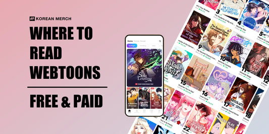 Where to read webtoons online free and paid shown with mobile phone and webtoon cover thumbnails