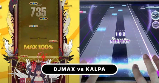 Comparison of gameplay screens from the best Korean rhythm game DJMAX vs KALPA with player hands visible