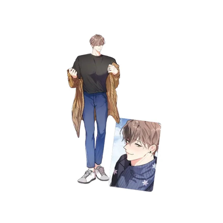 Backdoor Neighbors Haeun Kitae Acrylic Stand featuring character illustration in casual outfit with removable card
