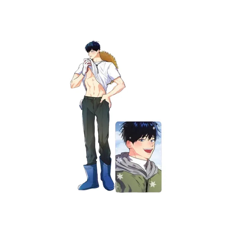 Backdoor Neighbors Haeun Kitae Acrylic Stand featuring character in casual outfit and smiling portrait card