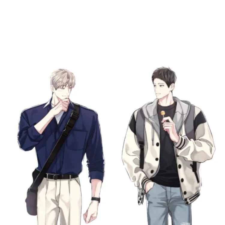 Between The Lines BL Acrylic Standee featuring two male characters in casual outfits, one with a lollipop