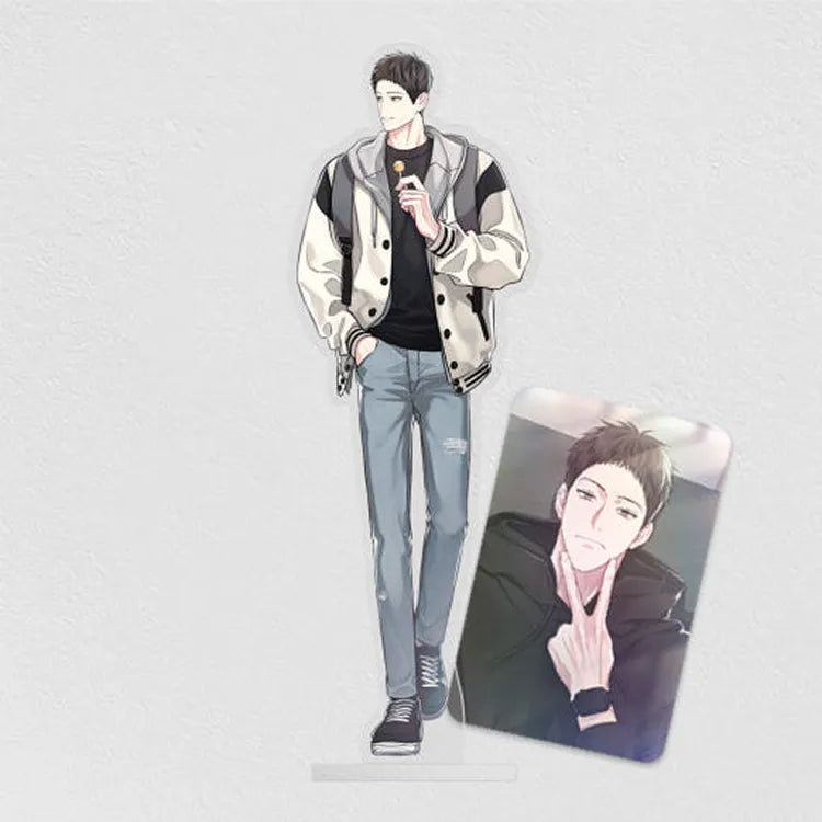Between The Lines BL Acrylic Standee featuring a male character in casual outfit holding a lollipop with a photo card accessory