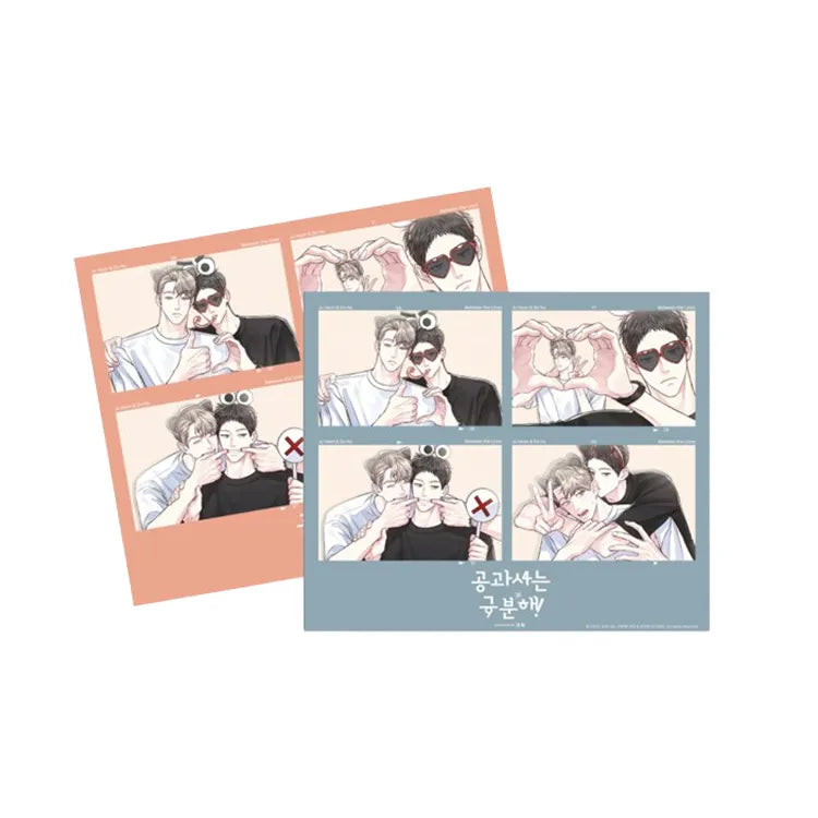 Between The Lines Four-cut Photo featuring two illustrated characters in various poses with heart and affectionate gestures