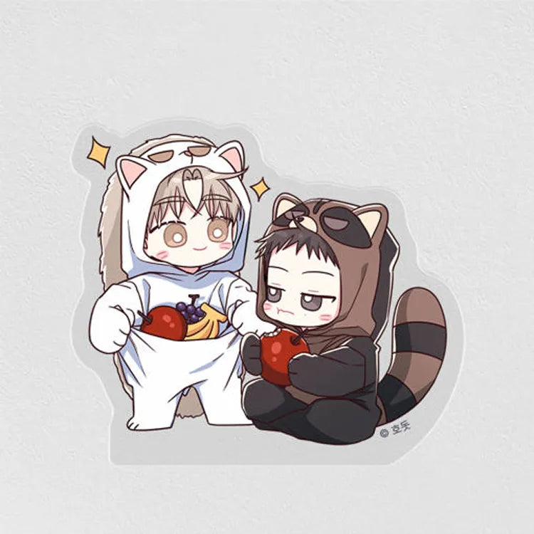 Between The Lines Mini Acrylic Stands featuring chibi characters in animal costumes holding fruit