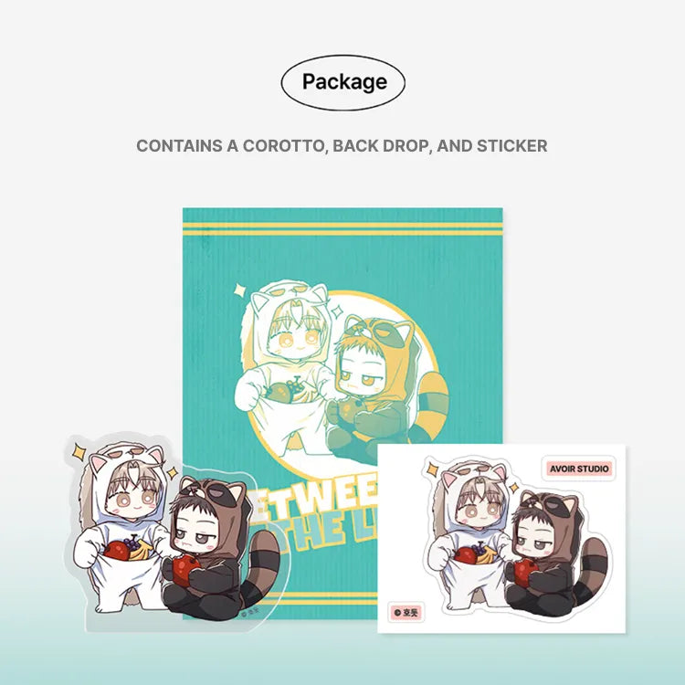 Between The Lines Mini Acrylic Stands featuring two chibi characters in animal onesies with package backdrop and sticker