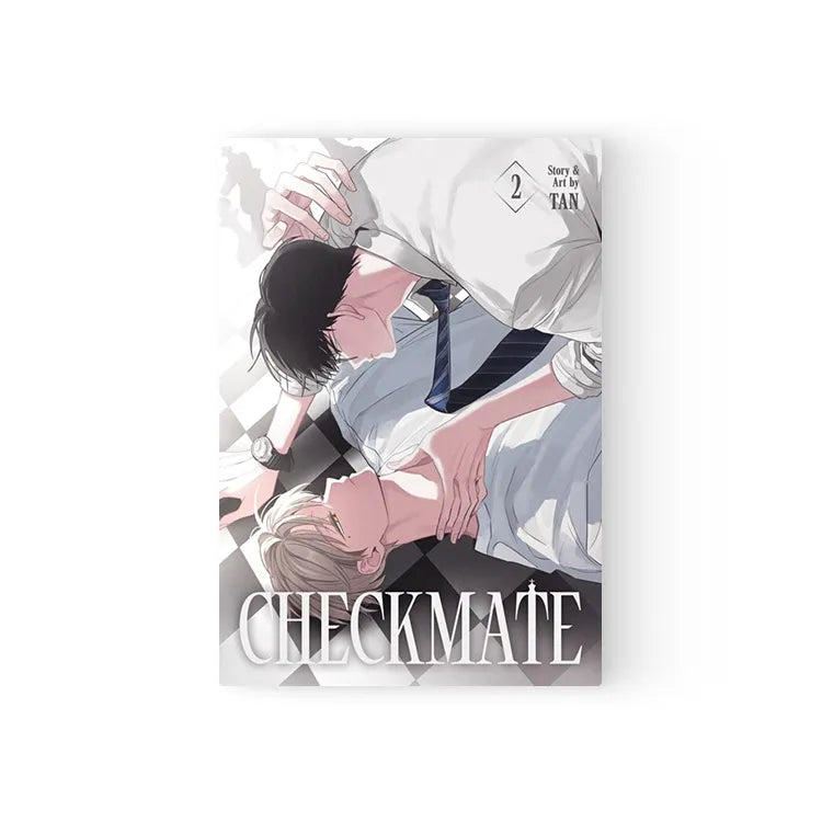 Checkmate English BL Manhwa Books volume 2 cover featuring two male characters lying close on a checkered floor