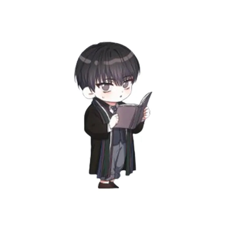 Debut Or Die Acrylic Keyring featuring a chibi character reading a book in dark attire