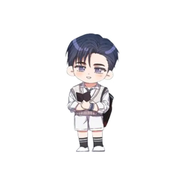 Chibi style boy character holding book with backpack Debut Or Die Acrylic Keyring