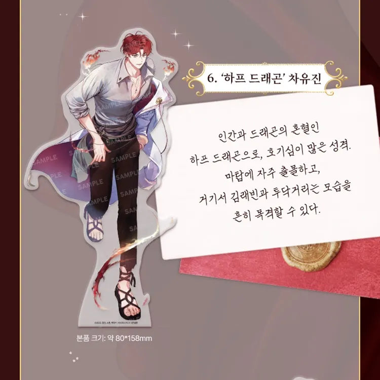 KW Store Debut or Die Acrylic Stand featuring a red-haired character in casual fantasy attire