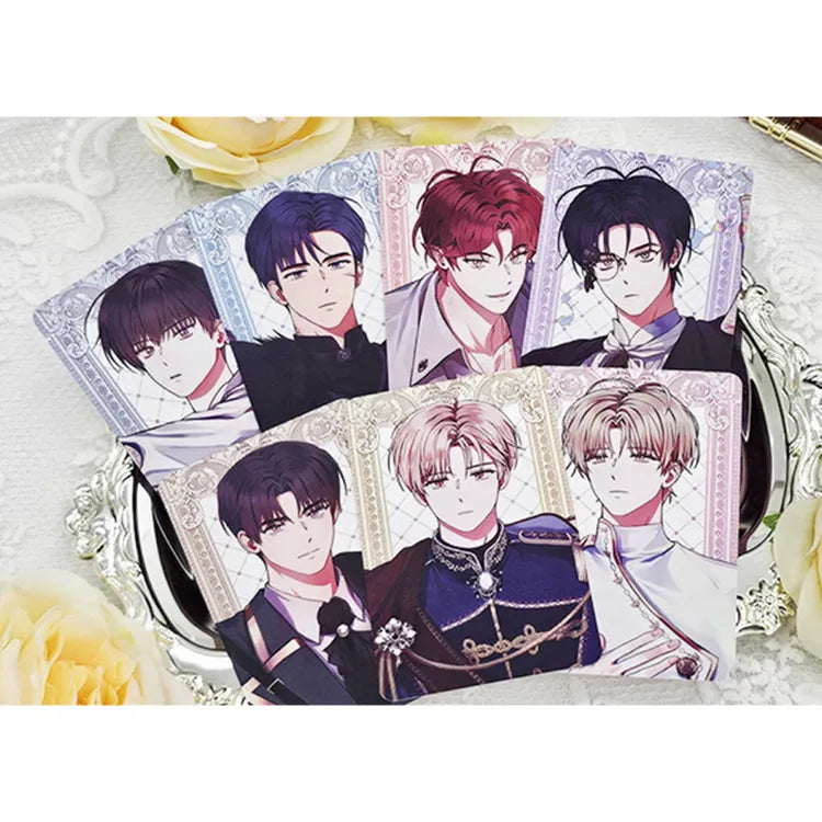 Debut Or Die Photocard Set featuring illustrated male characters in elegant attire displayed on a decorative tray