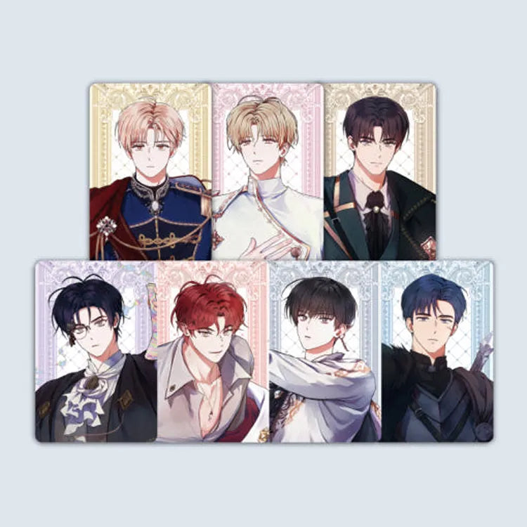 Debut Or Die Photocard Set featuring seven illustrated male characters in detailed fantasy outfits