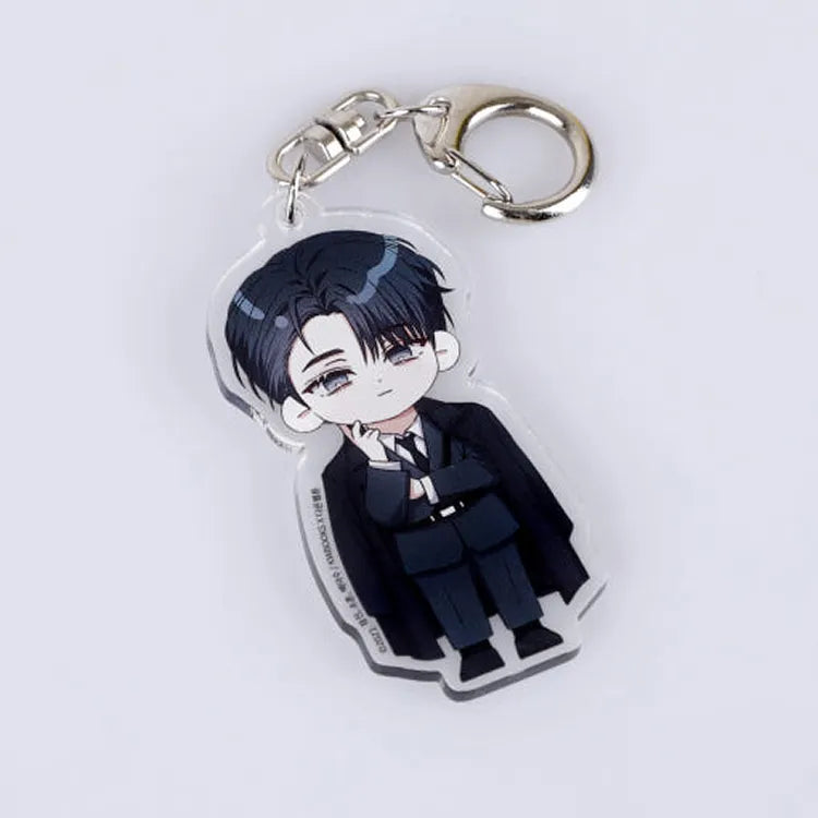 Debut Or Die VTIC Cheongryeo Acrylic Keychain featuring a chibi character in a black suit with silver keyring