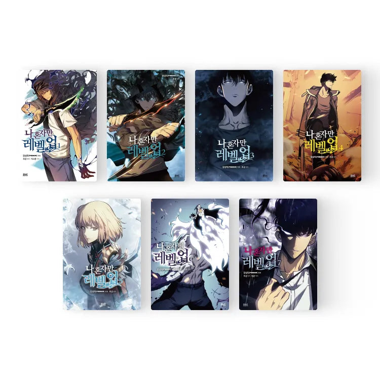 Collection of Solo Leveling Korean Manhwa volumes with dynamic character artwork and dark fantasy themes