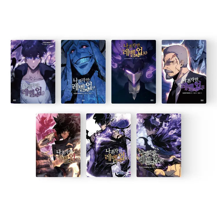 Collection of Solo Leveling Korean Manhwa volumes featuring dynamic characters and dark fantasy artwork