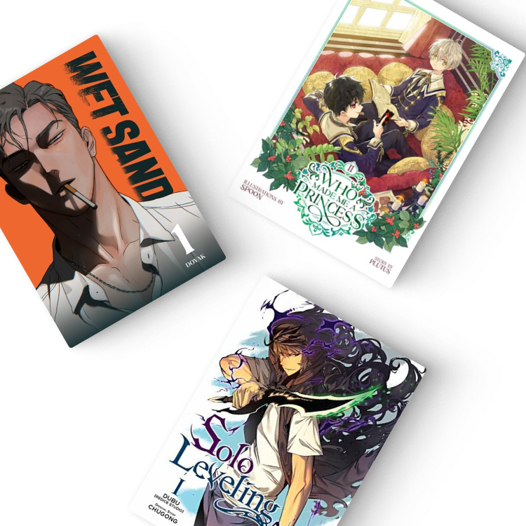 Three english manhwa books with covers featuring characters on a white background