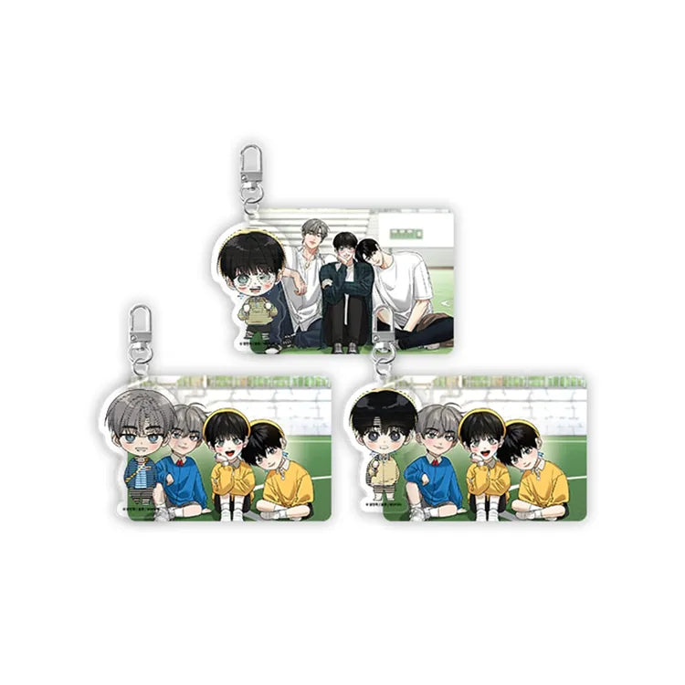 Feel My Benefit Acrylic Lenticular Keychain featuring illustrated characters from The Pack in protective packaging