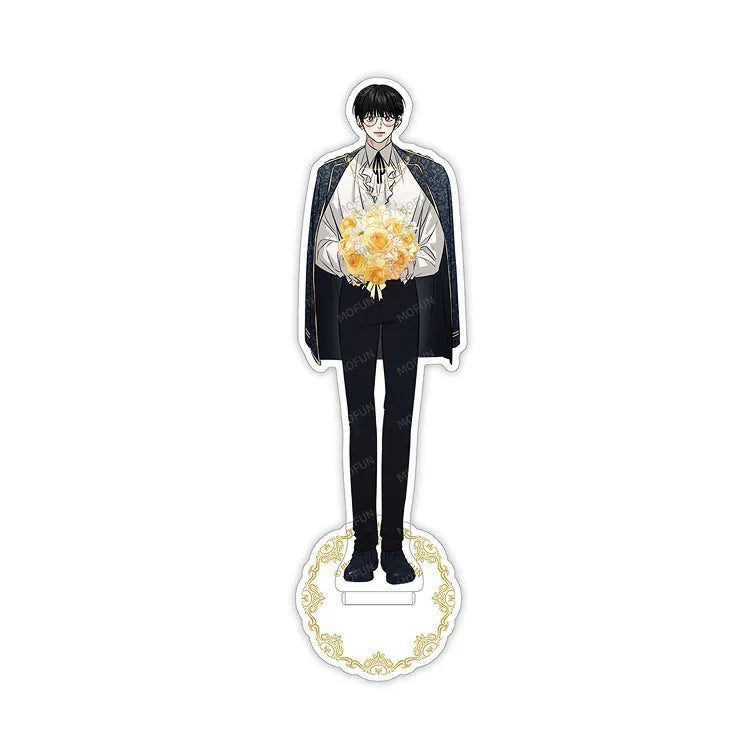 Feel My Benefit Acrylic Stand featuring a character holding a bouquet wearing formal attire with a decorative base