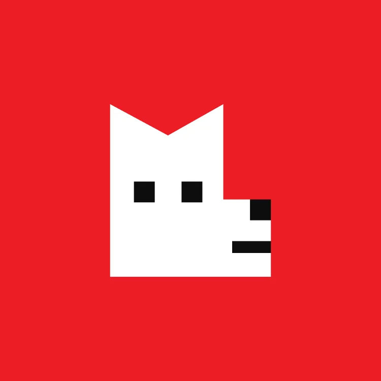 Logo of Lezhin Comics with white cat face with black eyes and mouth on a red background