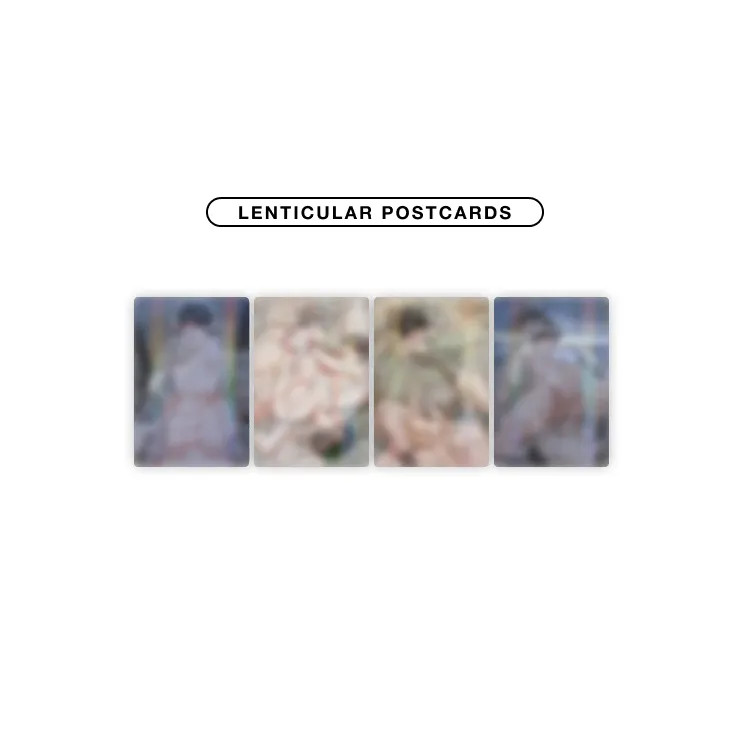 Feel My Benefit The S Set lenticular postcards displayed in a row with blurred artistic designs