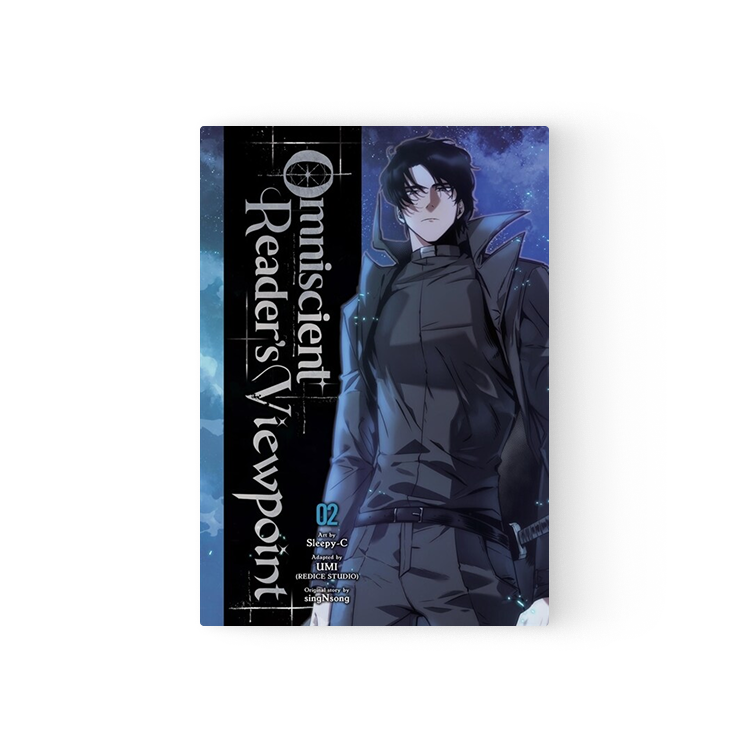 Omniscient Readers Viewpoint Manhwa English volume 2 cover featuring a dark-haired character in black outfit