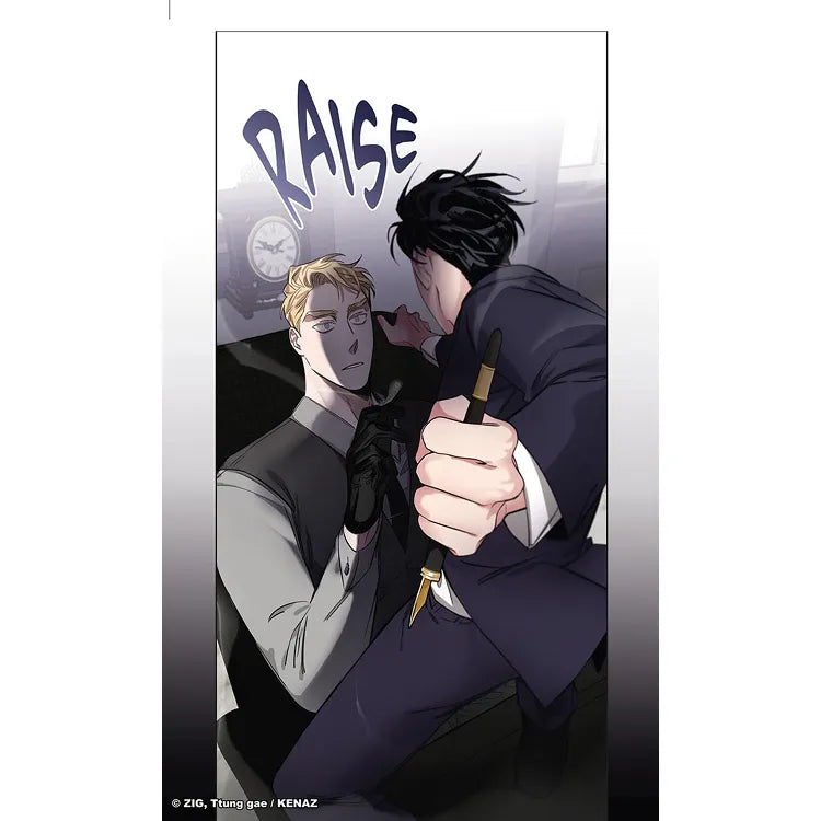 Roses And Champagne Manhwa Book English cover showing two men in a tense confrontation with one holding a knife