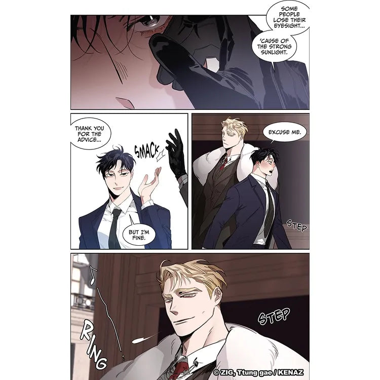 Roses And Champagne Manhwa Book English page showing two men in suits having a conversation
