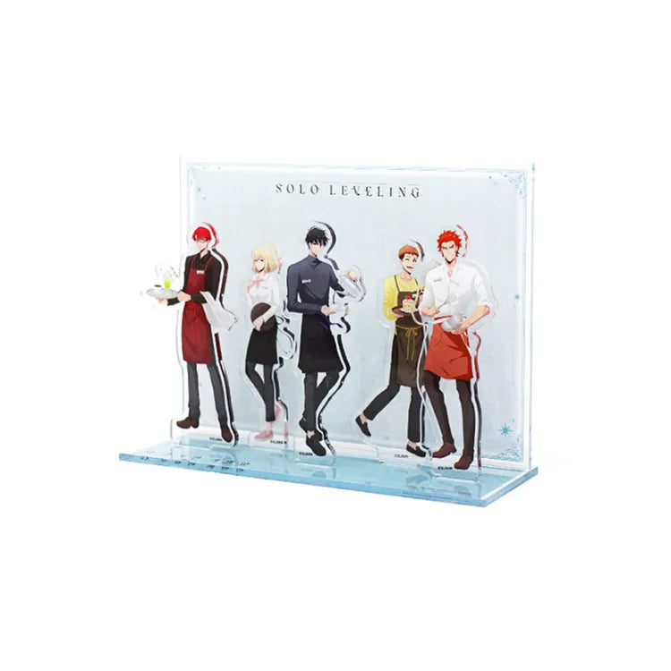 Solo Leveling Acrylic Stand Diorama Cafe featuring characters in cafe outfits on clear display base