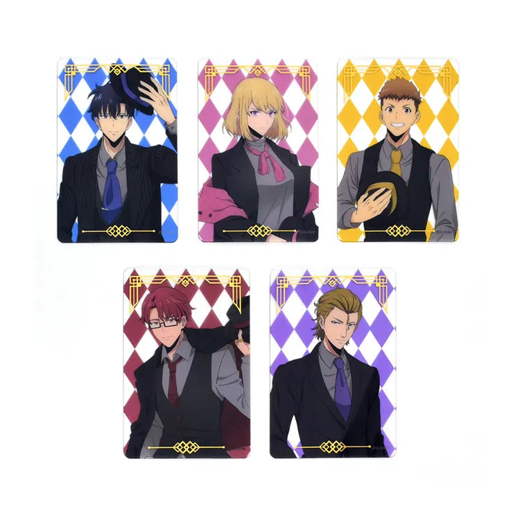 Solo Leveling Clear Card set featuring five characters in formal attire with colorful diamond backgrounds