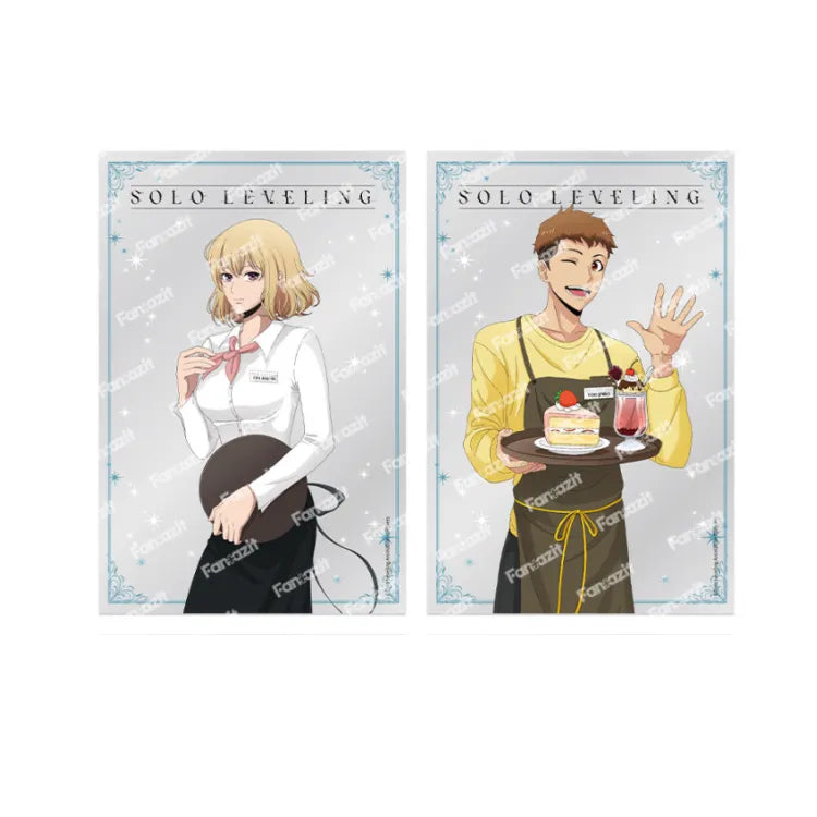 Solo Leveling Clear Postcard Set Cafe featuring two characters in cafe uniforms holding desserts and drinks