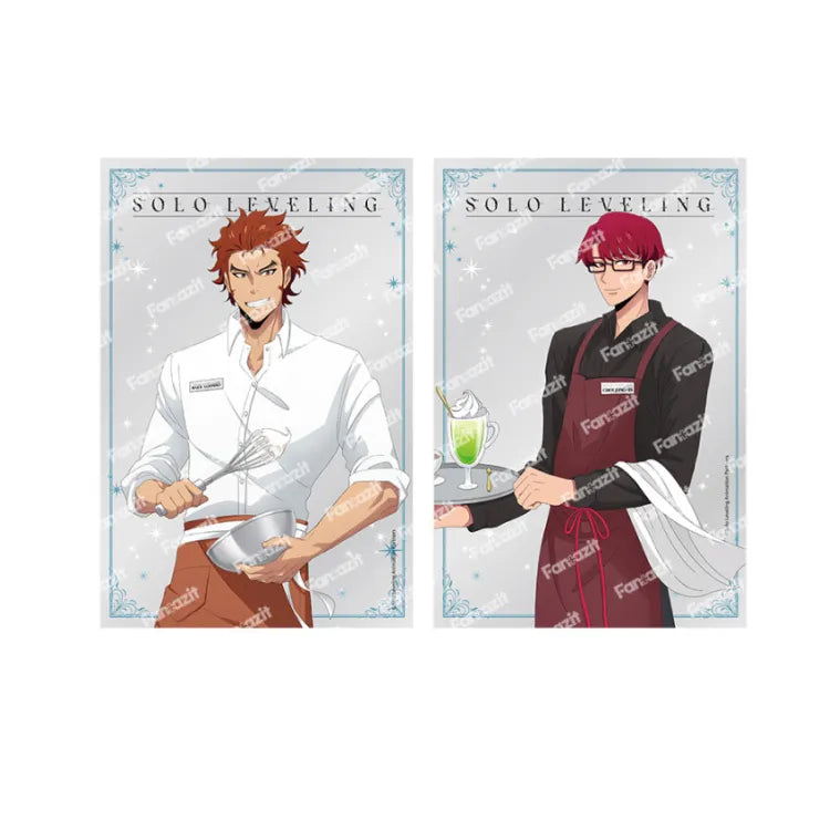 Fantazit Solo Leveling Clear Postcard Set Cafe featuring detailed character acrylic stand figures on blue base
