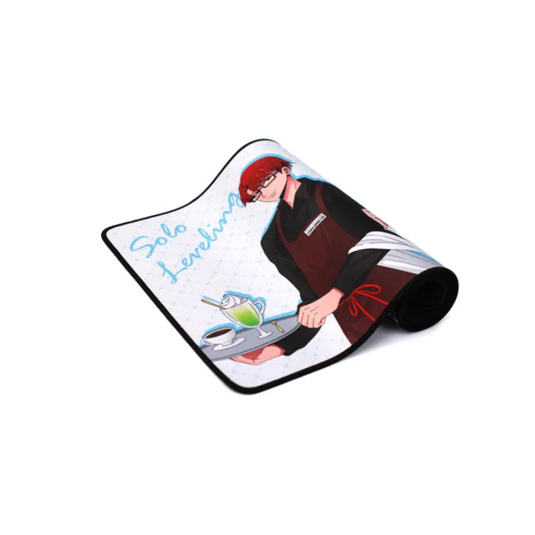 Rolled Solo Leveling Desk Mat Cafe featuring a red-haired character serving drinks on a white background
