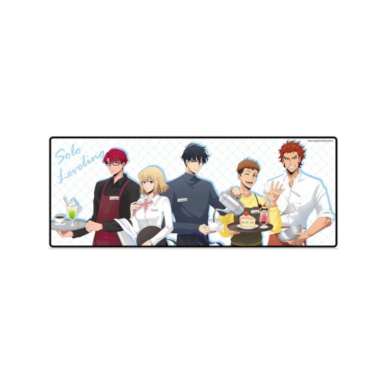 Fantazit Solo Leveling Desk Mat Cafe featuring Solo Leveling characters in cafe uniforms serving drinks and desserts