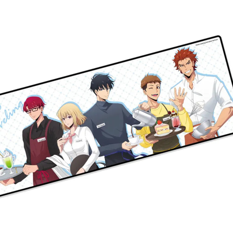 Fantazit Solo Leveling Desk Mat Cafe with romantic anime couple artwork in soft pastel colors