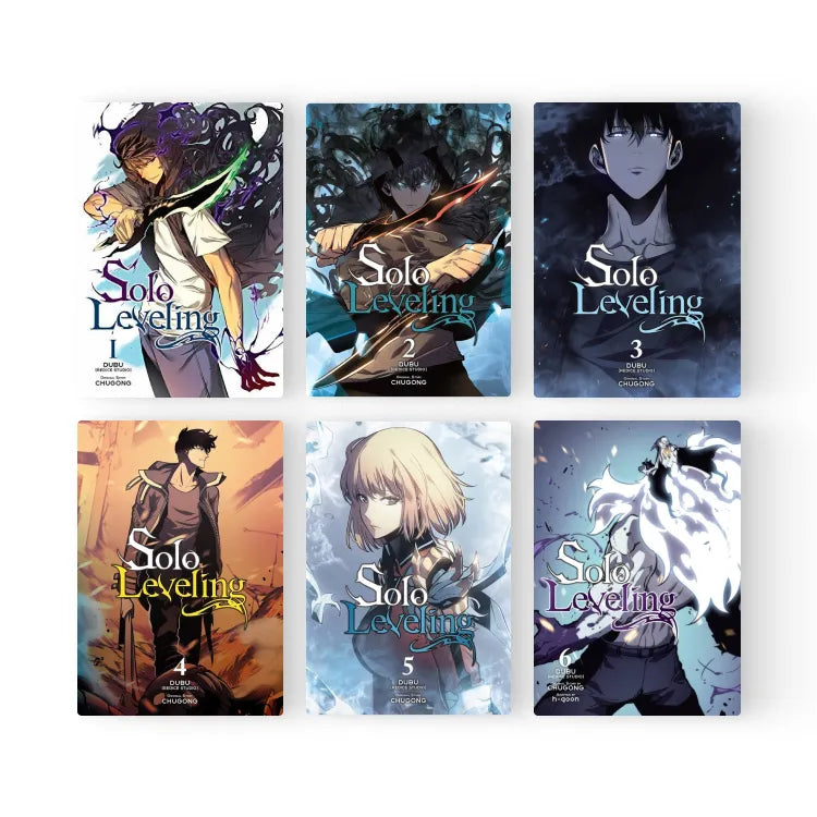 Set of Solo Leveling Manhwa Books English volumes one to six with vibrant cover art from Korean Merch