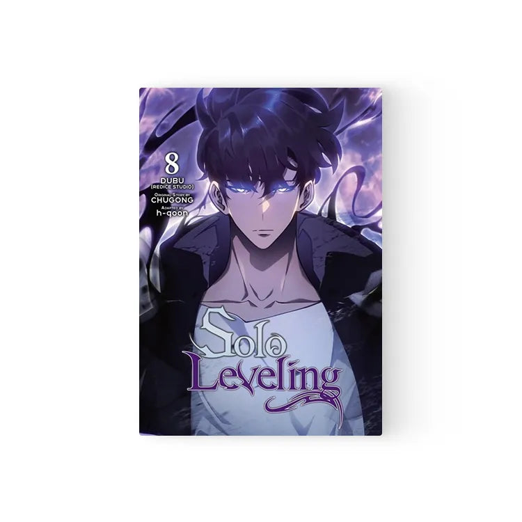 Solo Leveling Manhwa Books English volume 8 featuring dark-haired male character with glowing blue eyes