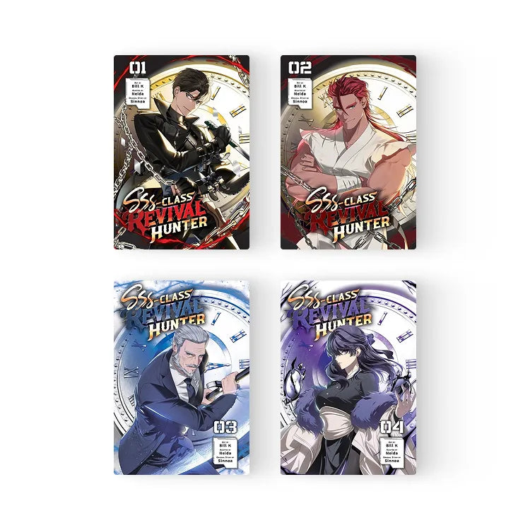 Four volumes of SSS-Class Revival Hunter Manhwa English edition featuring dynamic character covers