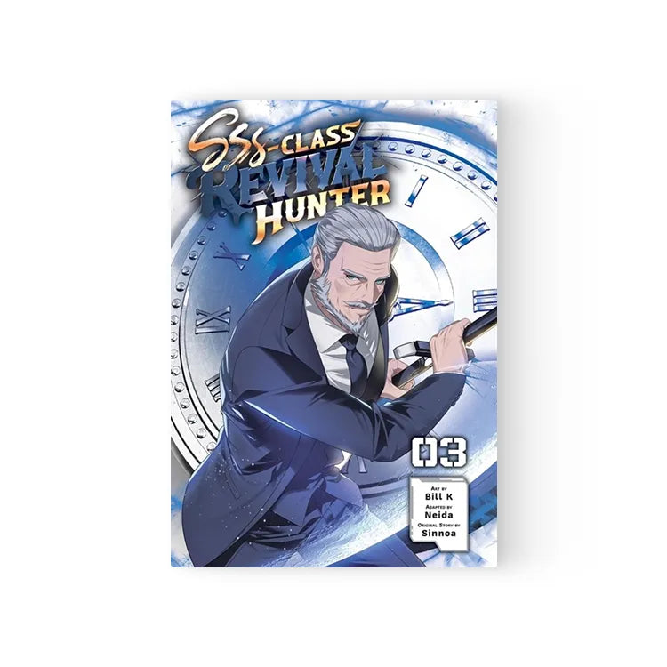 SSS-Class Revival Hunter Manhwa English Volume 3 cover featuring a man in a suit with a large clock background