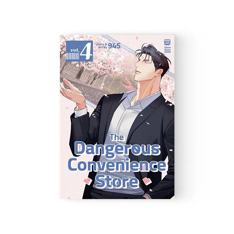 Volume 4 cover of The Dangerous Convenience Store Manhwa English featuring a man in a suit under cherry blossoms