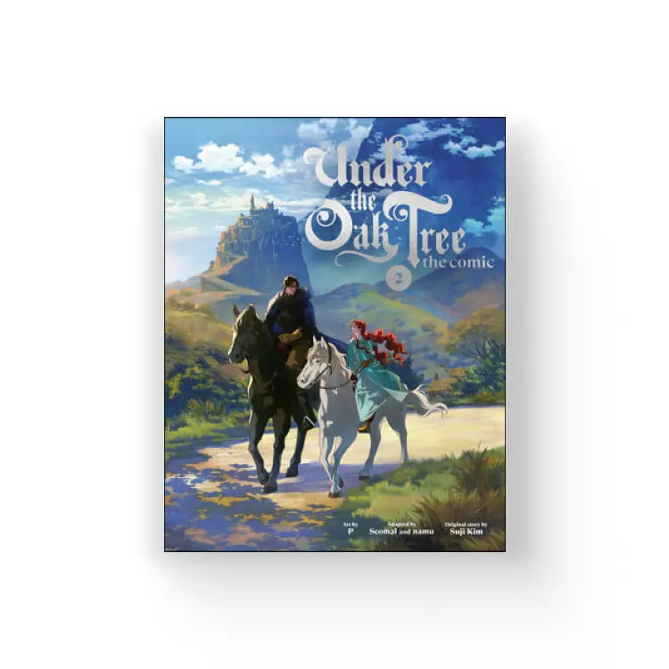 Under The Oak Tree Comic English volume 2 cover showing two characters riding horses in a scenic fantasy landscape