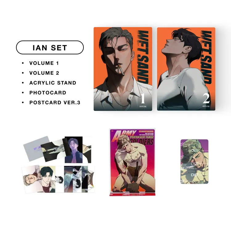 Wet Sand English Manhwa BL Ian Set with volumes 1 and 2, acrylic stand, photocard, and postcard version 3