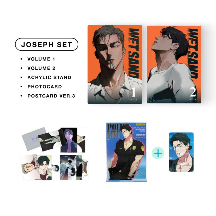 Wet Sand English Manhwa BL Joseph Set with volumes 1 and 2 acrylic stand photocard and postcard