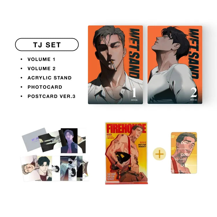 Wet Sand English Manhwa BL TJ set including volumes 1 and 2, acrylic stand, photocard, and postcard version 3
