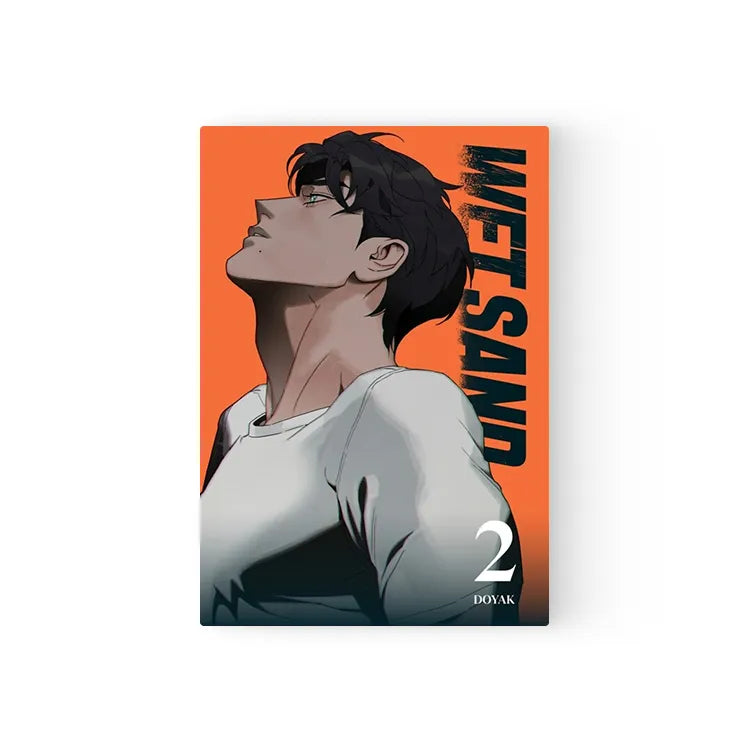 Wet Sand English Manhwa BL volume 2 cover featuring a character looking upward on orange background