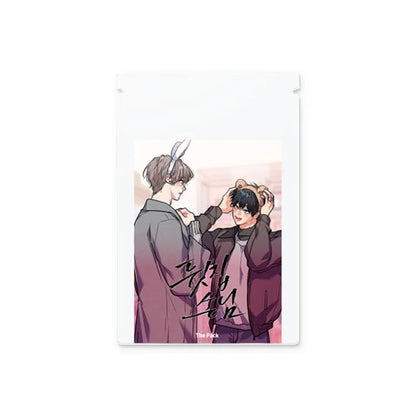 Backdoor Neighbors BL Photo Card Pack featuring illustrated characters in casual outfits with playful headbands
