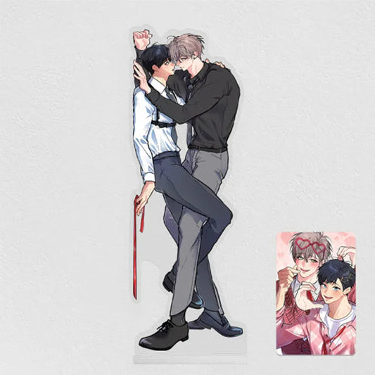 Backdoor Neighbors BL Webtoon Acrylic Stand featuring two male characters in an intimate pose with a small illustrated card