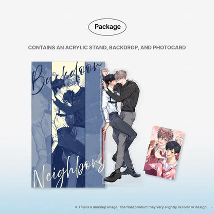 Backdoor Neighbors Acrylic Stand featuring two male characters with a backdrop and a photocard included