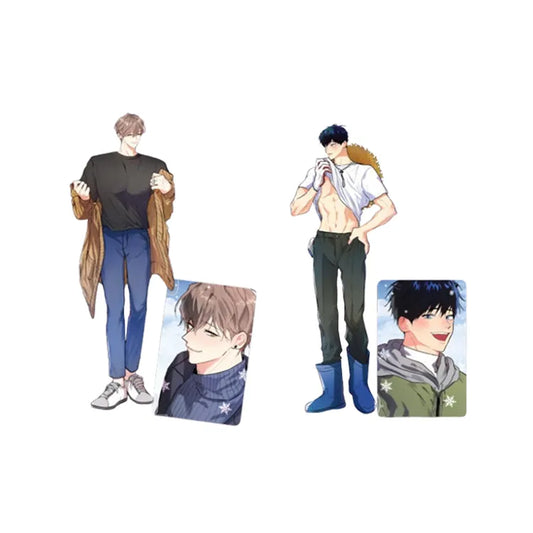 Backdoor Neighbors Haeun Kitae Acrylic Stand featuring two male characters with matching photo cards