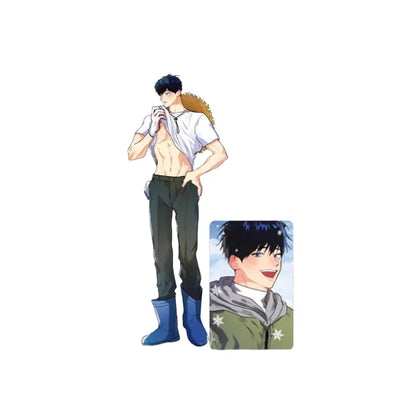 Backdoor Neighbors Haeun Kitae Acrylic Stand featuring character in casual outfit and smiling portrait card