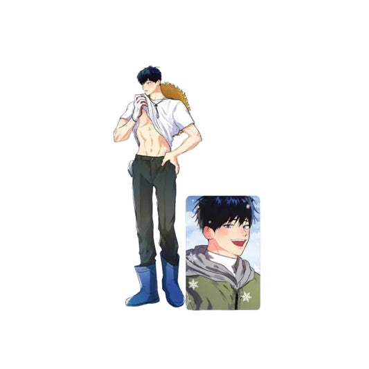 Backdoor Neighbors Haeun Kitae Acrylic Stand featuring character in casual outfit and smiling portrait card