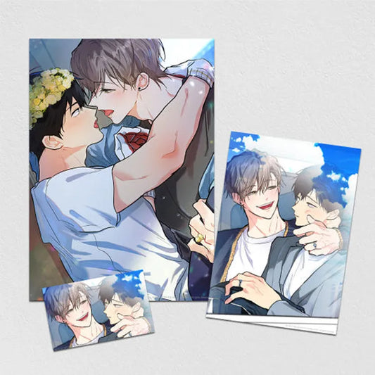 Backdoor Neighbors Photo Set featuring romantic anime-style illustration of two male characters in intimate and joyful moments